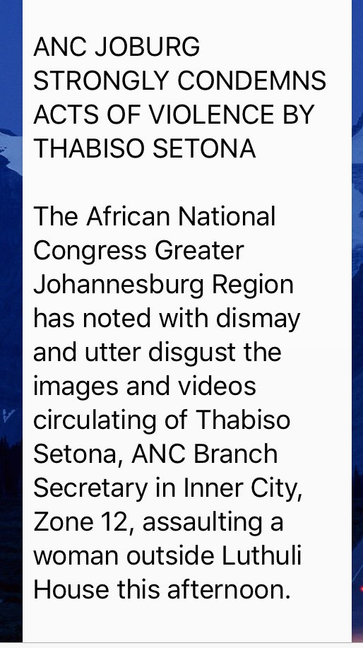 TheMikeAppel's tweet photo. ANC Joburg Region has added its voice in condemning the actions of Thabiso Setona, who is seen kicking a woman in the stomach twice, in a video that has gone viral. #DefendLuthuliHouse #DefendANC @eNCA https://t.co/mP4XgQ8UAr