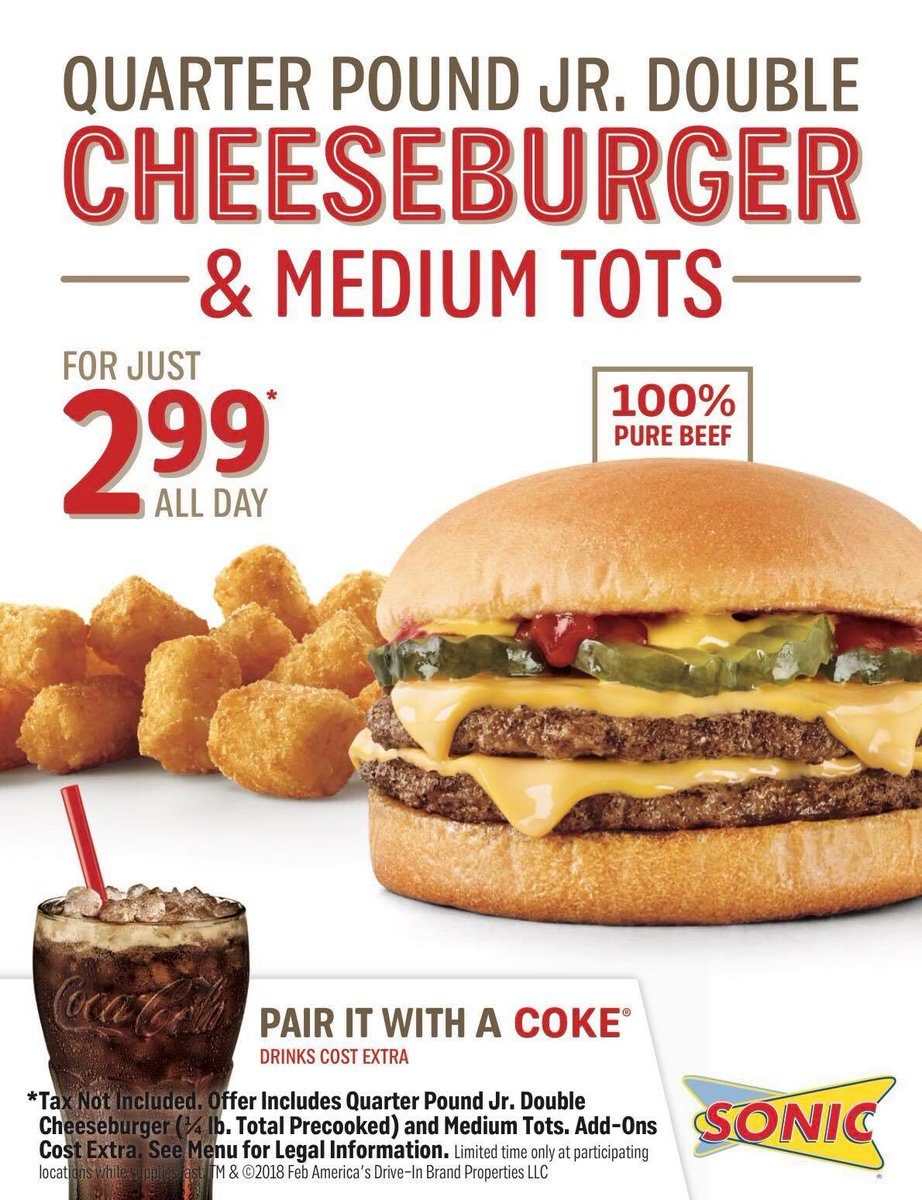sonic3301's tweet photo. Looking for a cheap lunch? Our jr double cheeseburger and tater tots (can be substituted for fries if you’d like) for only $2.99! Only for a limited time https://t.co/u8omTDq0kJ