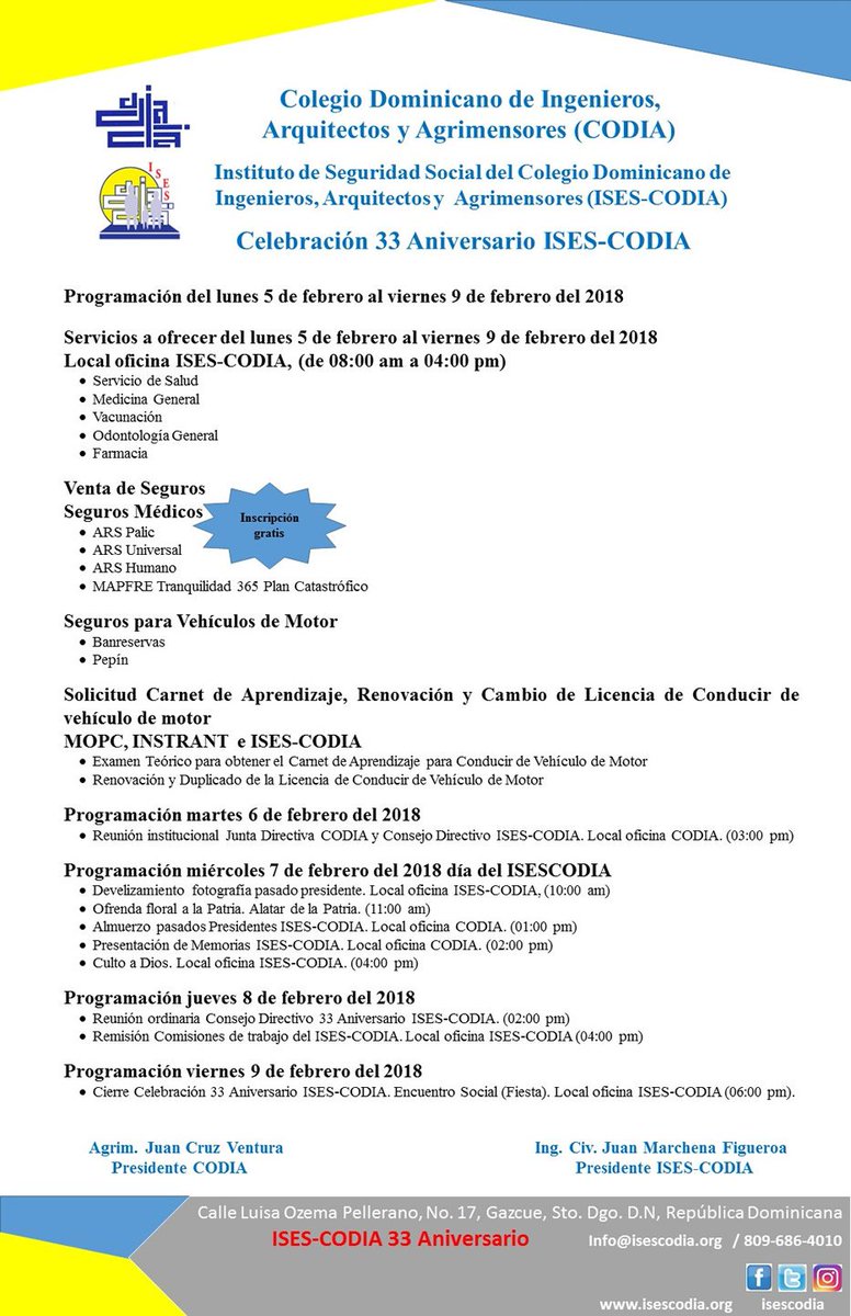 isescodia's tweet photo. Celebración 33 Aniversario Ises-Codia. Ven y participa de toda las actividades programas para la semana del 05 al 09 de Febrero. https://t.co/zCo1V7In0o #aniversario #isescodia https://t.co/FWBPCguOyD