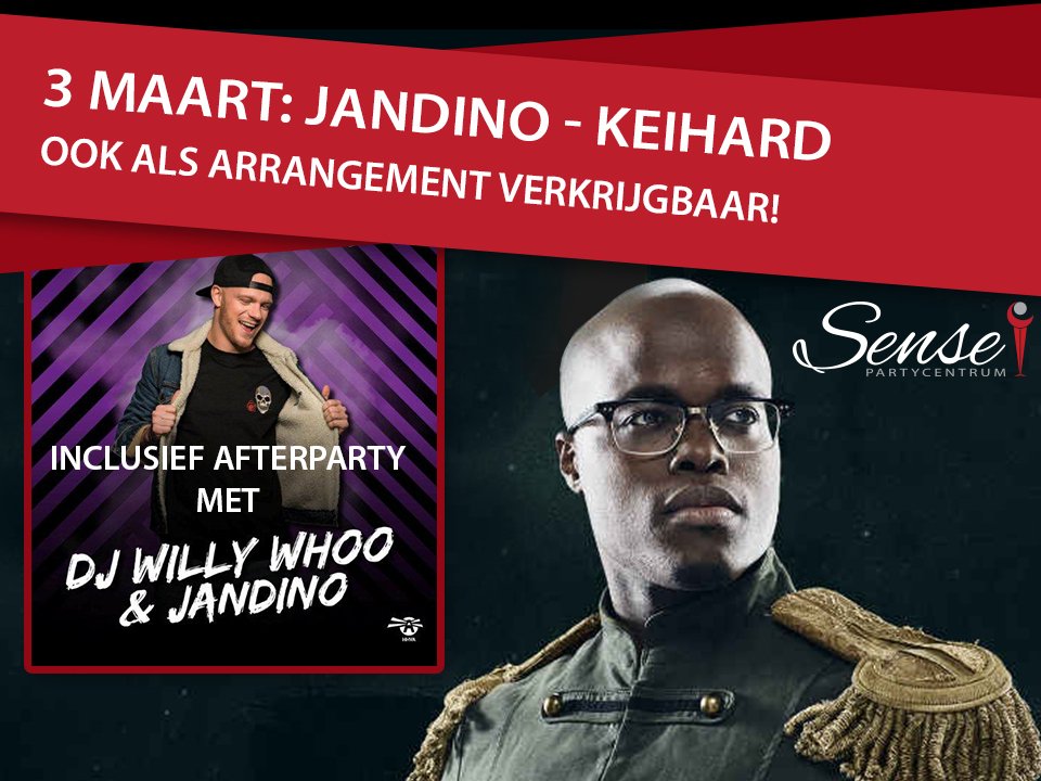 Ook leuk om te vermelden is dat er bij de voorstelling van Jandino een afterparty is! Met DJ Willy Whoo &amp; Jandino! Kaarten voor de voorstelling en arrangement zijn hier verkrijgbaar: bit.ly/sense-jandino