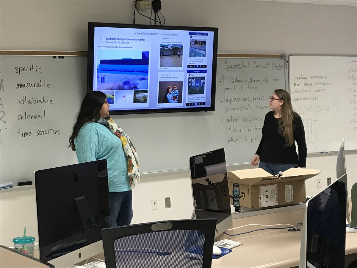 esaccanimation's tweet photo. A&M Ss giving presentations to the Excelsior Springs Community Center employees on how to better engage their audience through social media. These students created content the Center can use through its media outlets. #esacc #essdexcels https://t.co/zvniQpMS2b