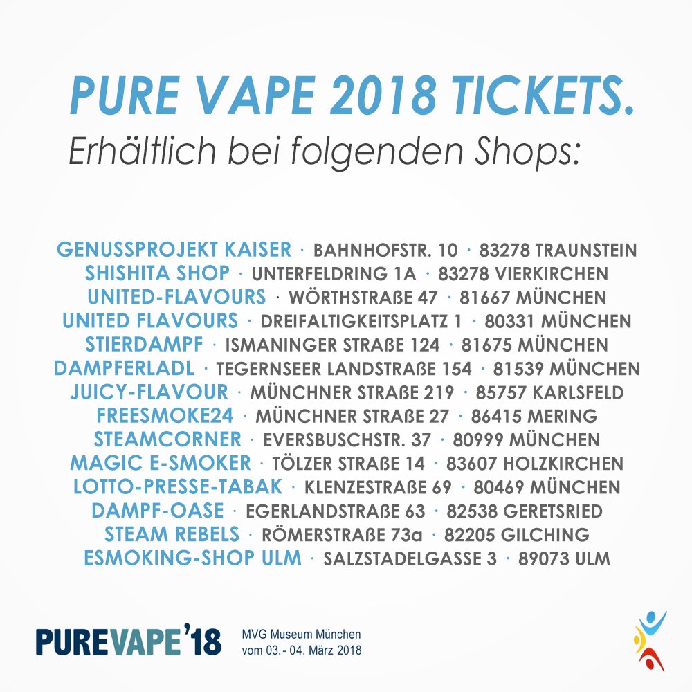 happyliquid's tweet photo. Tickets für die #PUREVAPE2018 jetzt auch bei unserem Partnershop in #Ulm erhältlich! Alle Shops mit Ticketverkauf: https://t.co/LSBaFkCneq #ezigarette #ezig #vape #dampfermesse https://t.co/re3sG1pGkO