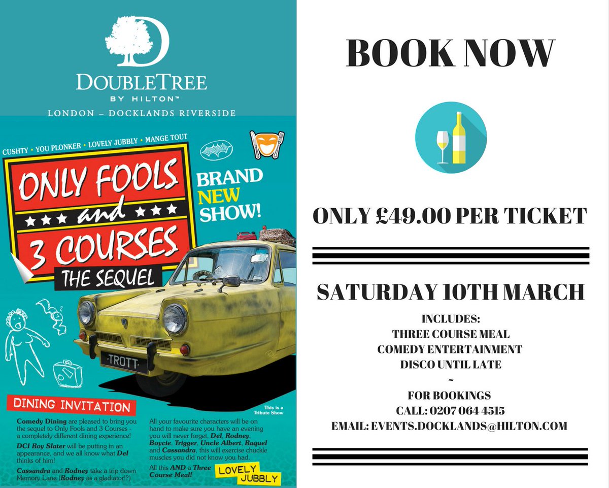 DoubleTreeDock's tweet photo. 😂 You'd be a ''PLONKER'' to miss this! Tickets only £49.00 Per Person! 😂
#OnlyFoolsAndHorses #OnlyFoolsAndThreeCourses #Comedy #Dining #London #DelBoy #Rodney #UncleAlbert #SE16 #Rotherhithe #Bermondsey #CanadaWater #CanaryWharf #RiverThames https://t.co/hHrGJuPmj7