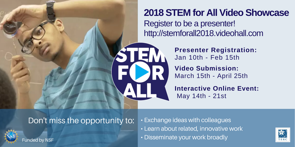STEMVideoHall's tweet photo. How does your federally-funded project work to broaden participation? Register Now to present in the 2018 #STEMvideohall https://t.co/0mpVIxJl05 #STEMed #BroadeningParticipation Please share - @LPFI @NAPEquity @aaas @NSTA https://t.co/9ZCWKTL31M