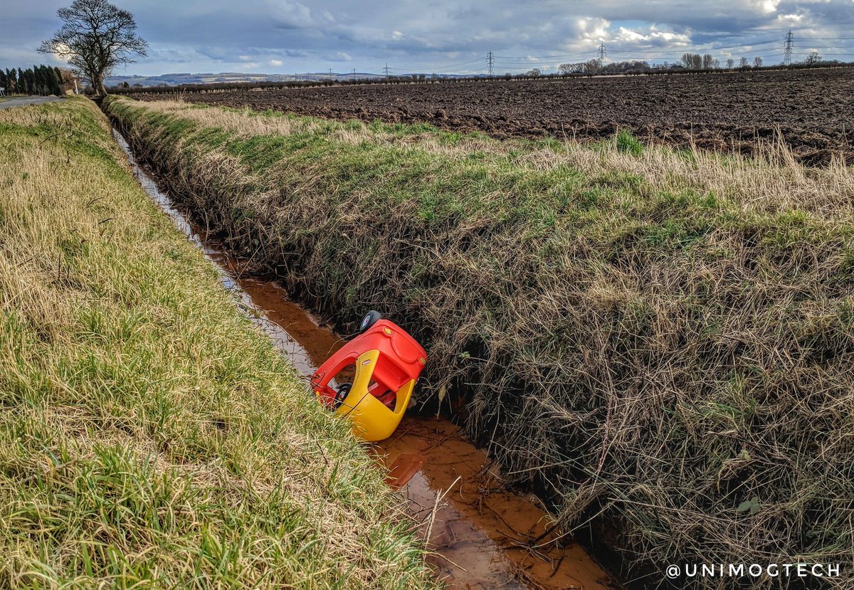 UnimogTech's tweet image. Came across this on road test today! No doubt going too fast and lost control! 😄 #Ditched #ToyCar #RecklessToddlers