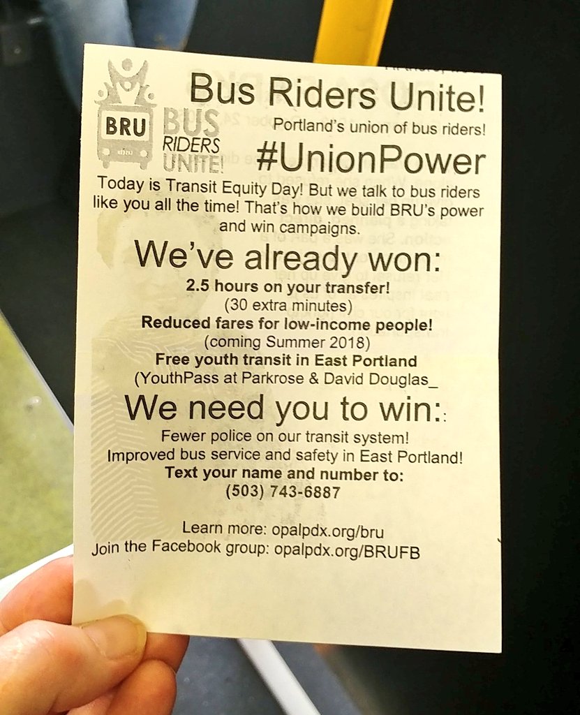 Awesome! Transit advocates from <a href="/OPALEJOR/">OPAL Environmental Justice Oregon</a> and <a href="/portland_bus/">PortlandB.us</a> celebrating Rosa Parks' birthday w direct organizing by hopping my #9 this morning-- TYVM for supporting transit riders like me ✊🏻💚🚌