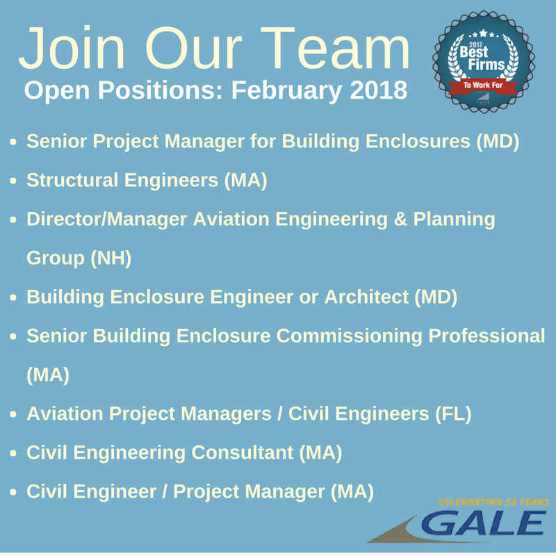 GaleAssociates's tweet photo. In the market for a new AEC position? Check out our February Job Board for a list of Gale's current openings. Visit our website to learn more: https://t.co/sKqT5KdUHC https://t.co/Uynx1l9sAU