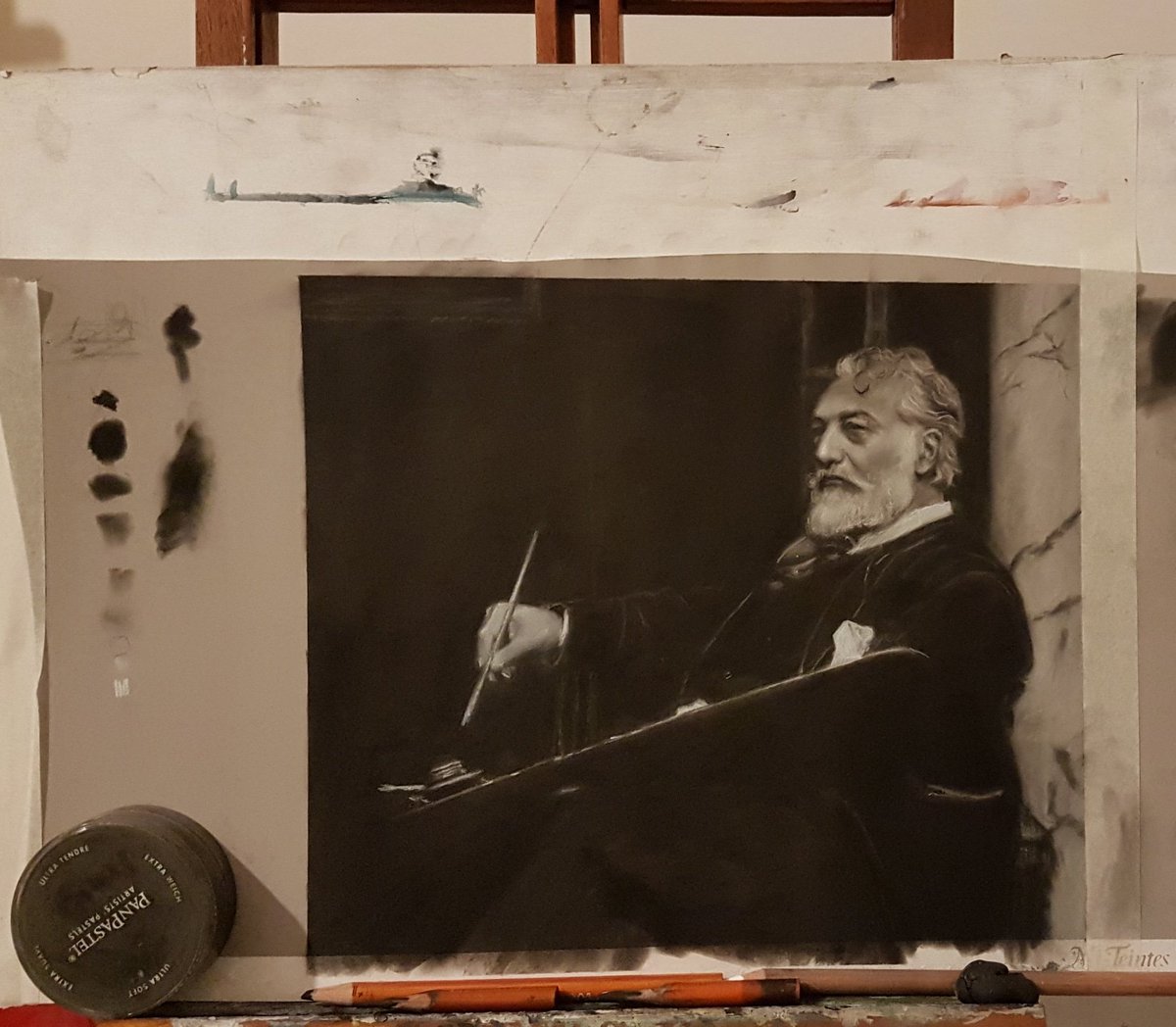 LouiseMarksArt's tweet photo. Wip. Picking up this drawing of Frederic Leighton where I left off last year. @panpastel and General pencil charcoal on Mi-Teintes Touch. From a photograph in The Flaming June exhibition guide from @LeightonHouse_ #art #draw #miteintes #leighton #edinburgh #coffee #charcoal https://t.co/la4uIEsrJ5