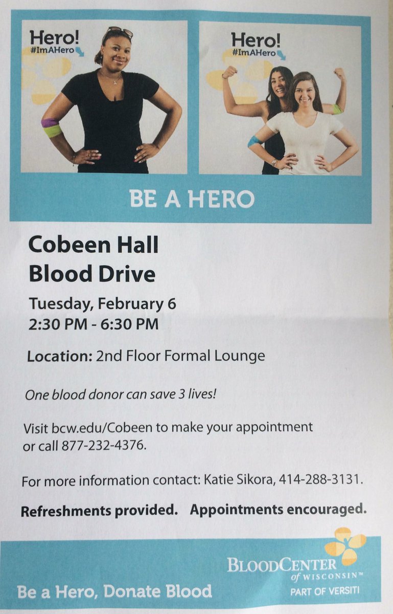 MUCobeenHall's tweet photo. Don't forget about Cobeen's Blood Drive tomorrow from 2:30-6:30pm in the 2nd floor lounge! Make your appointment by calling or visit https://t.co/p5J9aVoeax or just swing by at any time! Be a hero! #ImAHero https://t.co/BeOUYhtmJC