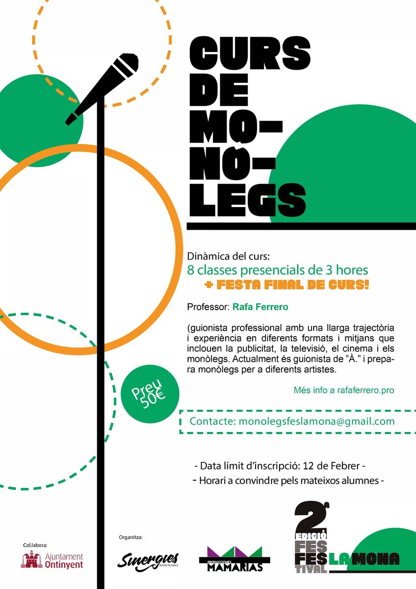 Feslamona's tweet photo. 📣ATENCIÓ📣

Ampliem una setmana més el termini d'inscripció del curs de monòlegs! Si estaves ahí ahí que no acabaves de decidir-te, ara és la teua!
Per tan sols 50 euros, amb el guionista @Rafferrero!
👉monolegsfeslamona@gmail.com

#Feslamona https://t.co/jvH6cPkCHb