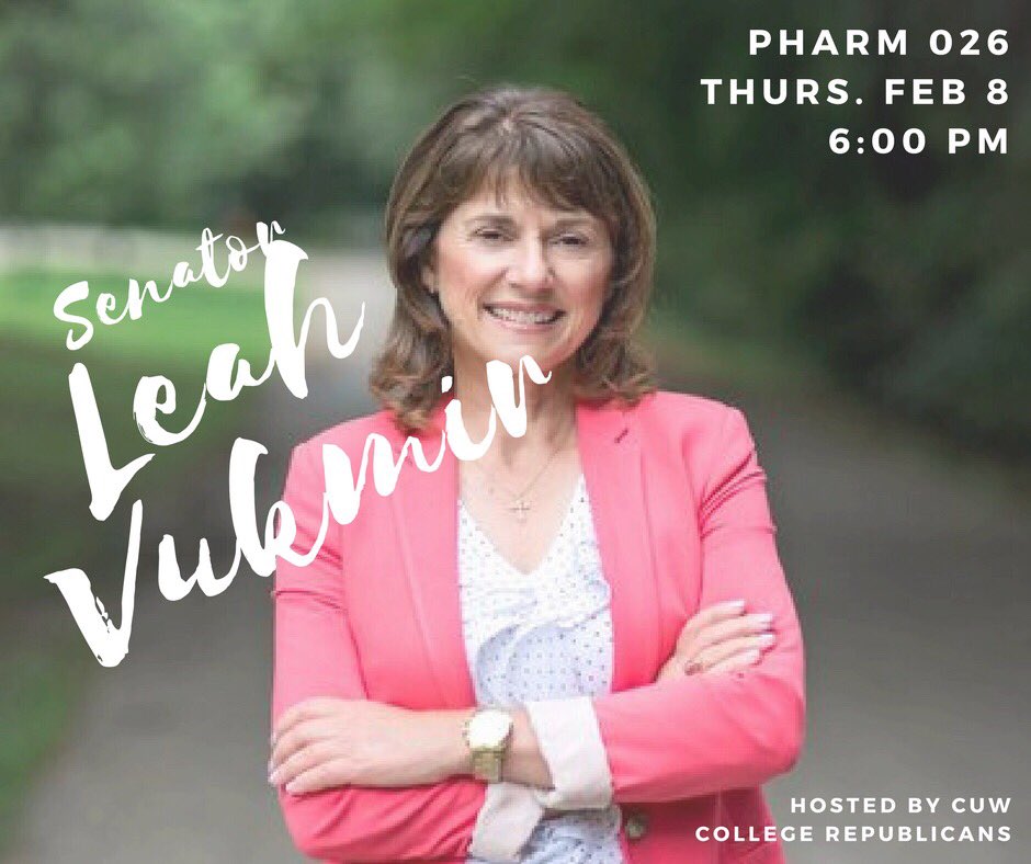 CUWCRS's tweet photo. Hey @CUWisconsin, come hear from Senator @LeahVukmir this Thursday at 6 PM! Pharm 026. 🇺🇸 https://t.co/FKdMtDR0Ic