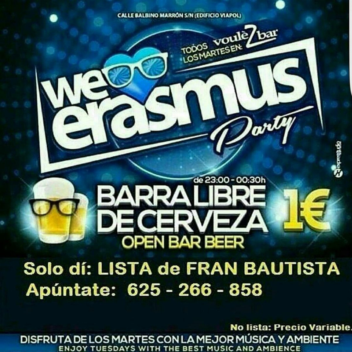 VoulezBar's tweet photo. MAÑANA todos á
Martes en #VOULEZBAR
🍺🍻BARRA LIBRE de CERVEZA x1€🍻🍺
•1° CoPa x3€!
.
👉Solo dí en puerta LISTA de FRAN BAUTISTA de 23.00 @ 01:00!
.
📞#Listas &amp; #Reservas
📱625 ▪ 266 ▪ 858 https://t.co/ImjiPJ6rl4