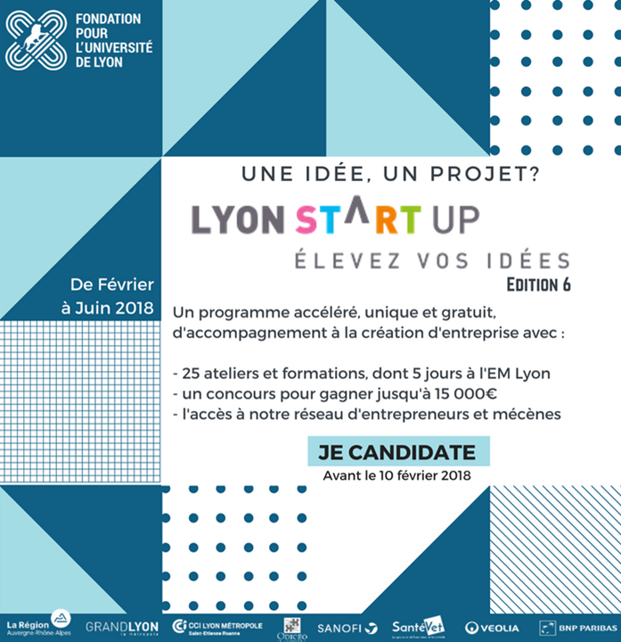 FrenchTechOneLS's tweet image. [APPEL À CANDIDATURES] 
Vous avez une idée, un projet innovant ? Vous avez encore jusqu'au 10 février minuit pour déposer votre candidature pour la 6ème promotion de @lyon_startup !  ➡️ bit.ly/2CfUB3b