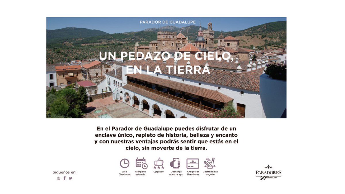 TheQuinval's tweet photo. Ventajas que ofrecemos en @paradores de #Guadalupe. #LateCheck-out #LarfaEstancia #Upgrade #GastronomiaSingular #TarjetaAmigos #AppParadores. No te lo pierdas https://t.co/GMlsRQrNOc