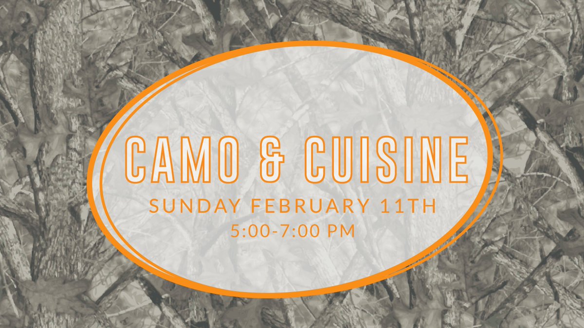 GraceCrossingMS's tweet image. Camo and Cuisine is THIS Sunday, February 11 at 5:00pm.  We are finalizing our details.  If you are planning on joining us for some good food and fun please register at gracecrossingmadison.org/camoandcuisine.