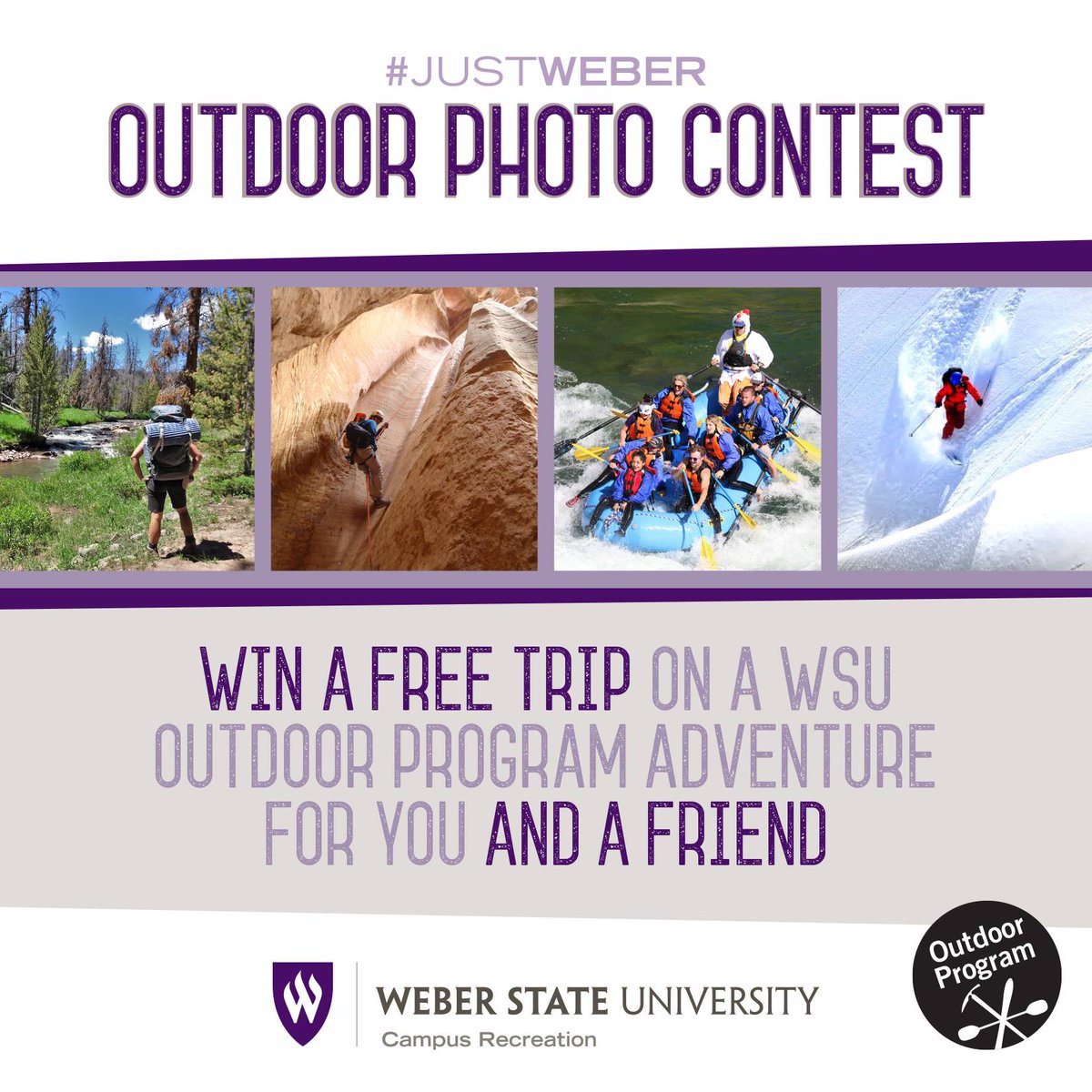 WeberStateU's tweet photo. Want to win a free Weber State Outdoor Program trip? Share your favorite photo of you in the great outdoors with #JustWeber on Instagram, Twitter or our Facebook wall. We'll hold a Facebook vote to choose a handful of winners on Feb. 16. #WeberRec #WeberState https://t.co/QHOsAFQtqg