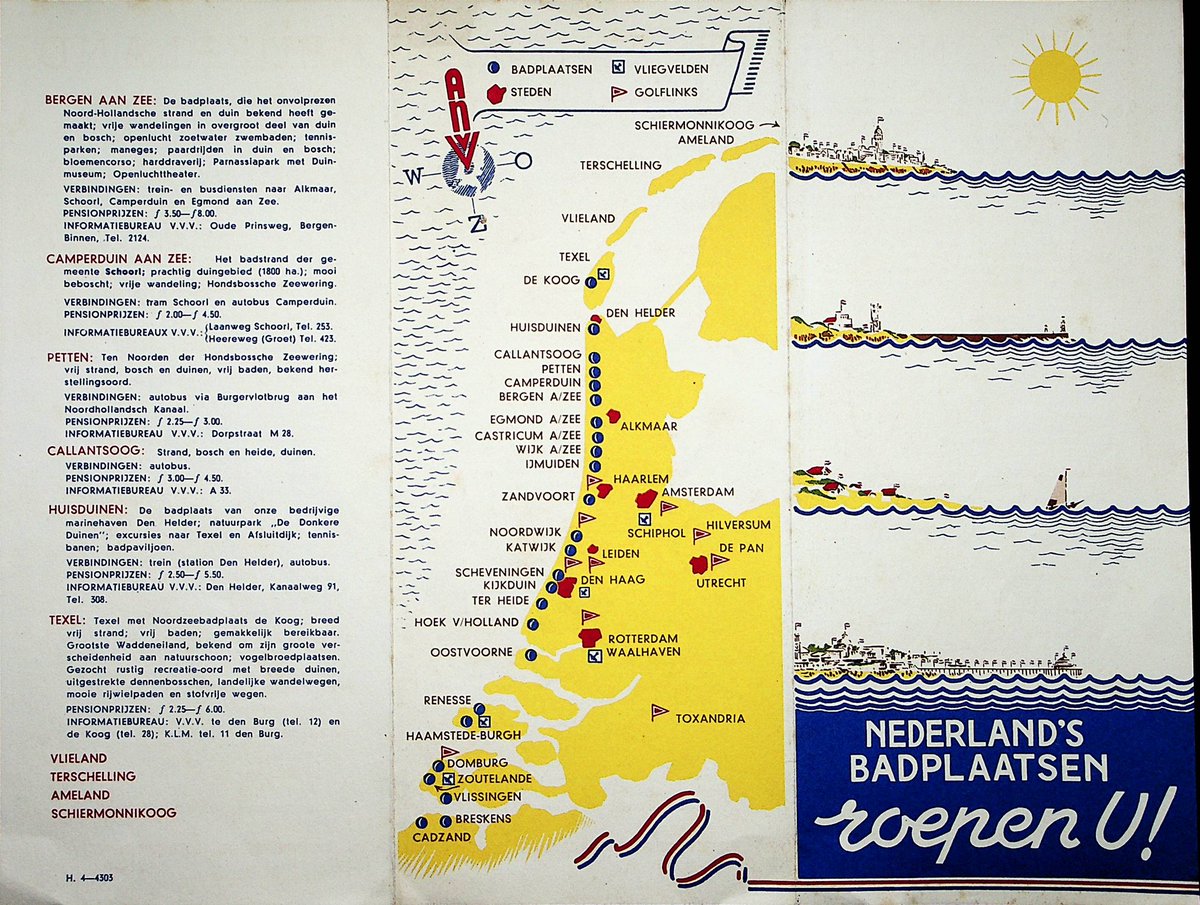 Lijsterstraatje's tweet photo. In 1908 werd de #BondvanNoordzeebadplaatsen opgericht als onderdeel van de #NationaleBondvoorVreemdelingenverkeer, de latere #ANVV. Tot 1940 verspreidde de Bond een 80-tal #gidsen, #folders en #affiches waarin kaarten steeds op de voorgrond treden. Deze folder dateert uit 1936 https://t.co/cgeCiiKRX1