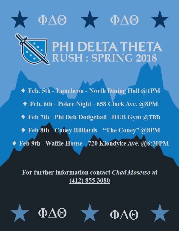 PhiDelt_IUP's tweet photo. Here’s our Rush schedule folks! Come out and meet some of the brothers today for lunch. Feel free to bring a friend to! #RushPhiDelt https://t.co/ro3ROhfE9l