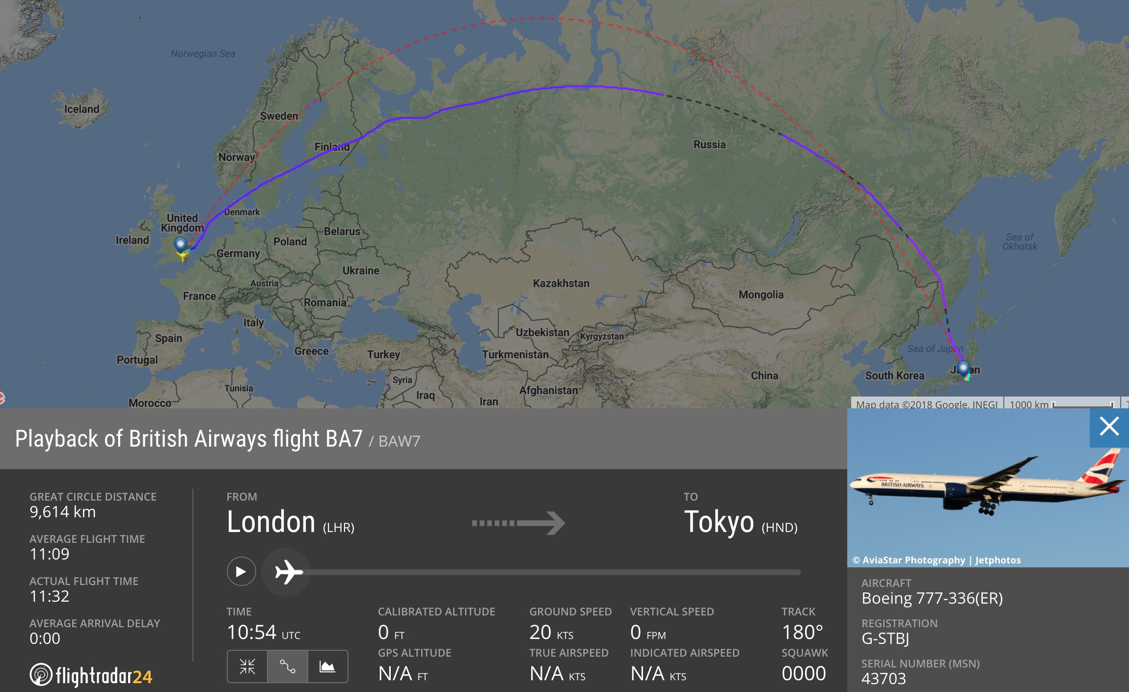 Flightradar24 on Twitter: "For comparison, here's yesterday's #BA7 from London to Tokyo, with the great route shown (dashed red line). https://t.co/D8ilv8f3h6 https://t.co/rmTpGPfNuK" / Twitter