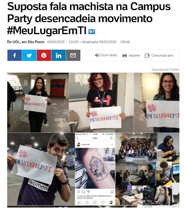 femme_it's tweet photo. E você, participou da #MeuLugarEmTi?
Mulheres e Homens de TI se revoltaram com o suposto comentário.
#MeuLugarEmTI #DigaNaoAoSexismoEmTi #TiUnida #MulherEmTi
https://t.co/vL8NLy5SKQ https://t.co/XDxUQzqMr0