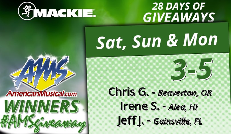 AmericanMusical's tweet photo. Congrats, to our Mackie 28 Days of Giveaways winners for Feb 3-5 -
- Chris G. of Beaverton, OR
- Irene S. of Aiea, HI
- Jeff J. of Gainsville, FL
Enter Here for your chance to Win Mackie MP220 In-Ears! https://t.co/CpGucp5lfR
--
#AMSgiveaway #Mackie #28daysofGiveaways https://t.co/HFu1h37Ixw