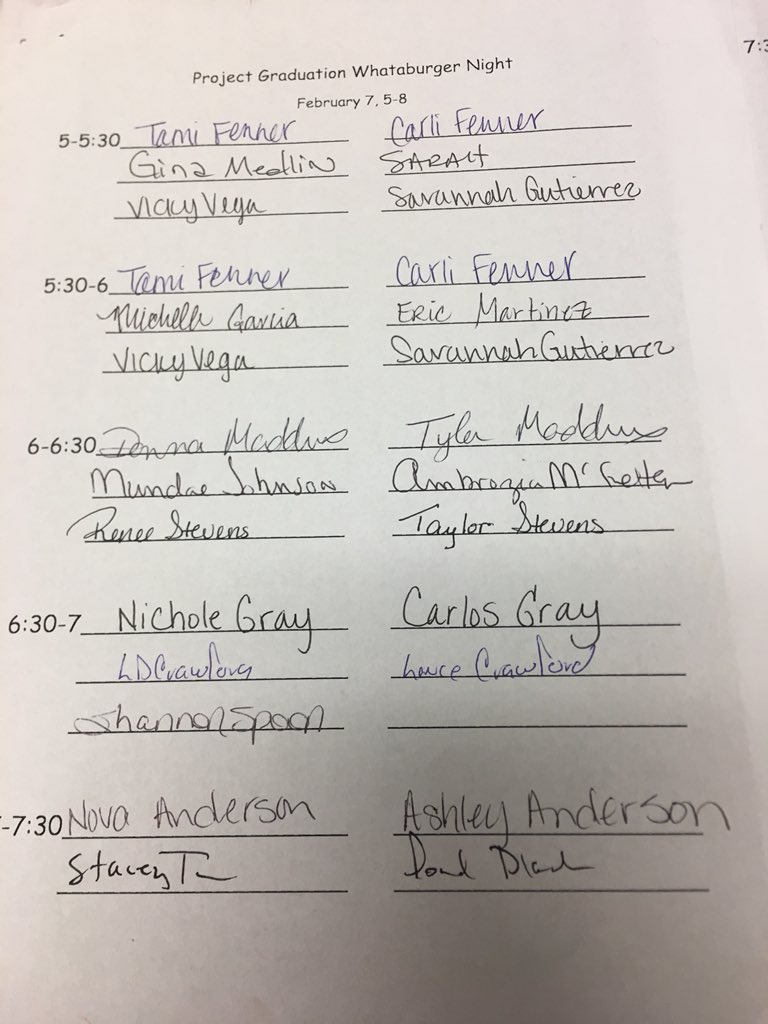 PrjctGrad18's tweet photo. Here are the times and names of people who volunteered for Whataburger! https://t.co/EEz2C5iBMw