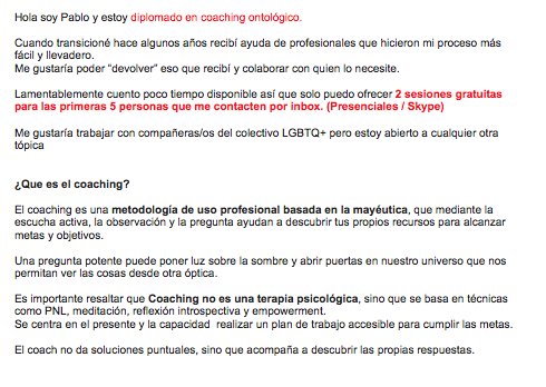 Trans_lucido's tweet photo. ‍🌈📢 Regalo sesión de #coaching #LGBTQ+ people ‍🌈📢
Hola soy Pablo y estoy diplomado en coaching ontológico.
Cuando transicioné hace algunos años recibí ayuda de profesionales que hicieron mi proceso más fácil. Me gustaría poder “devolver” eso regalando algunas sesiones ⬇(ver) https://t.co/kla4xlI5pZ