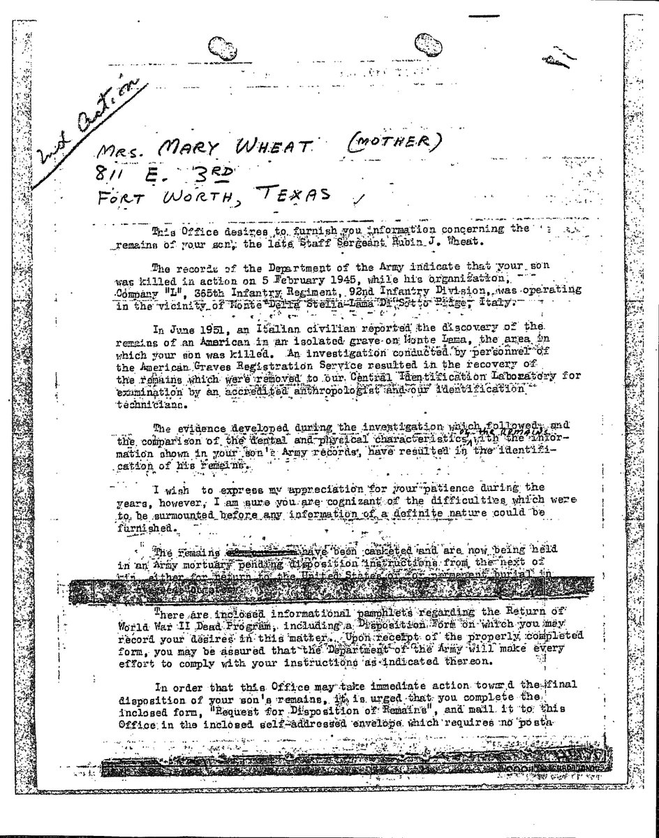 WW2Researcher's tweet photo. Staff Sergeant Rubin J. Wheat, of Fort Worth, Texas, and the 365th Infantry Regiment, was killed in action at Monte Lama, Italy, on February 5, 1945, 73 years ago today. His remains were not located until 1951.#92ndInfantryDivision #365thInfantryRegiment #WW2inItaly #WW2Research https://t.co/CdVHcNiDEv
