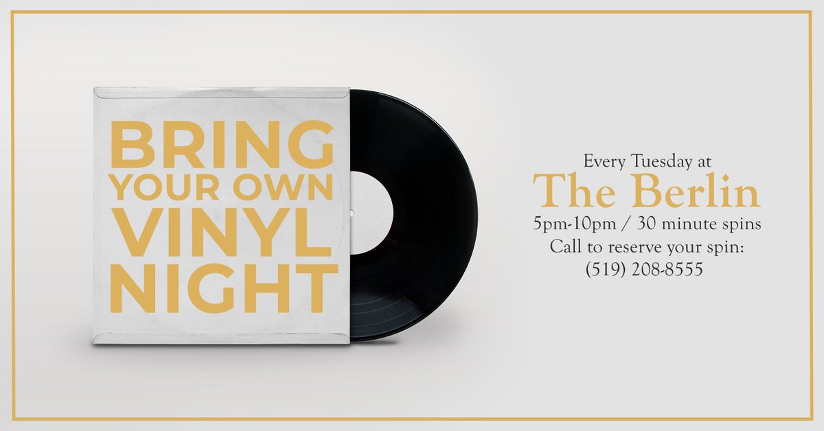 EVERY #Tuesday at The Berlin is BRING YOUR OWN #VINYL NIGHT! Come in to enjoy $5 craft beer and the warm hum of your favourite LP! Call to book your 30 minute spin. #thenewberlin #theberlin #kwawesome #dtkitchener #craftbeer #kitchener #BYOV