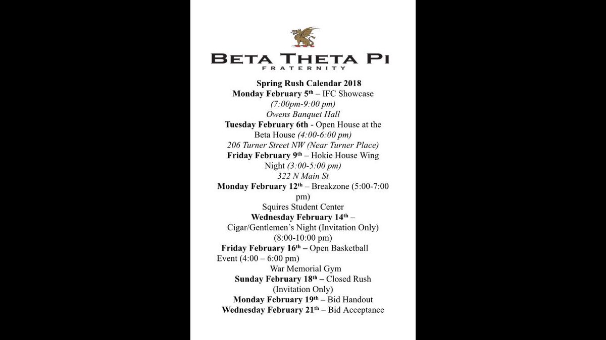 Beta_VT's tweet photo. Spring rush is here! Come out tonight and get to know a little more about us at the IFC showcase from 7-9 pm. https://t.co/ry6TeZdaru