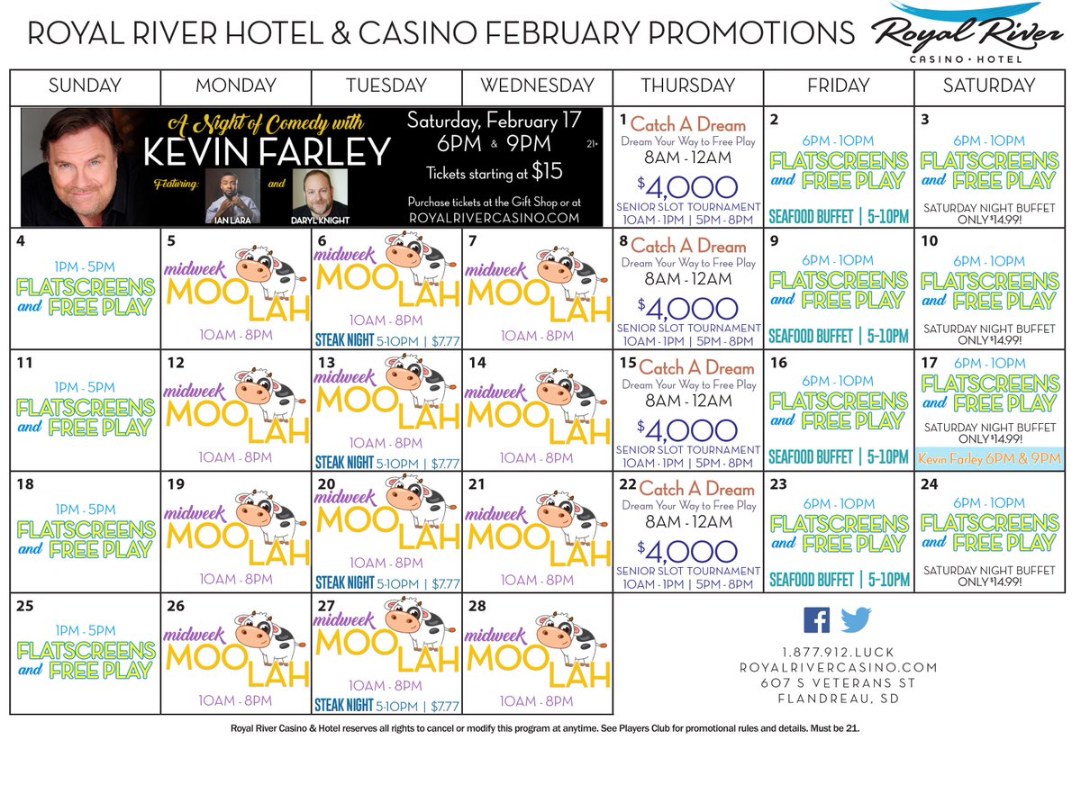 Check out the February 2018 promotions and entertainment at Royal River!