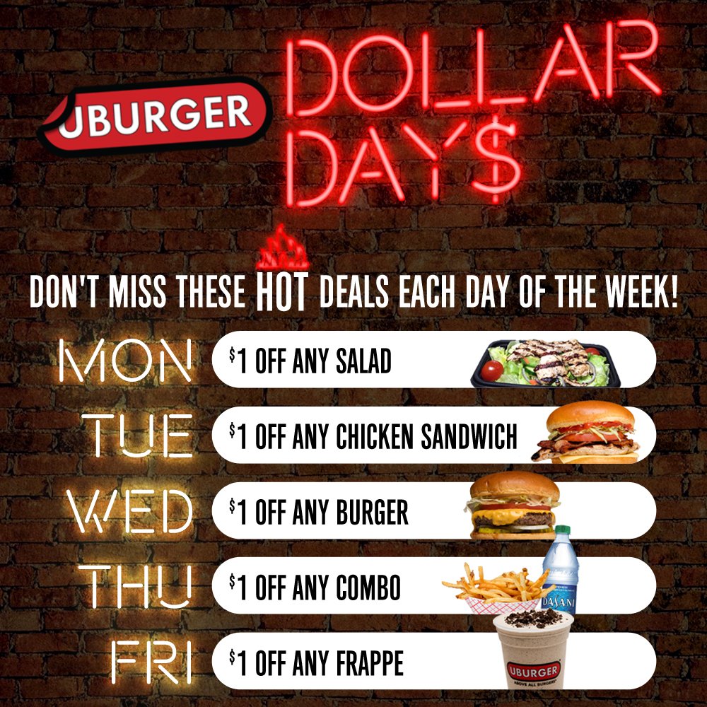 nudiningboston's tweet photo. Don't miss these hot deals each day of the week at UBurger! #DollarDays https://t.co/GhekwAxmr2