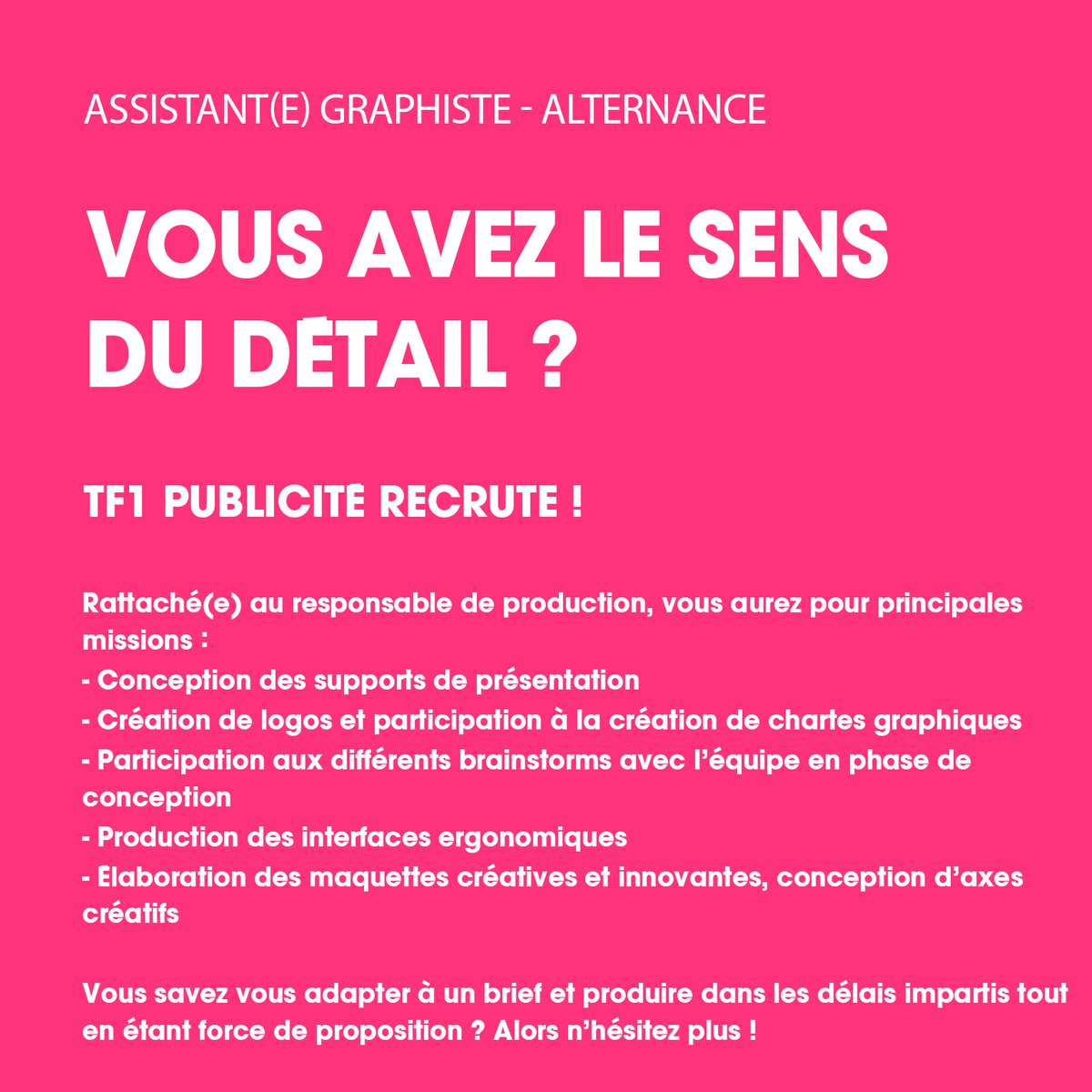 TF1Talents's tweet photo. #Alternance : @tf1pub recherche actuellement un(e) assistant(e) #Graphiste 🙂 Vous souhaitez rejoindre l’aventure et partager des #OndesPositives ? 💯 N’attendez plus ! ➡️ https://t.co/KLvZBGDXo5 https://t.co/MDGi4gW6Hs
