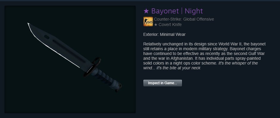 GIVEAWAY today, ★ Bayonet | Night - minimal wear
RT and follow for a chance to win!
Winner will be drawn sometime later this week. GL to ya'll.

Stream tonight too.