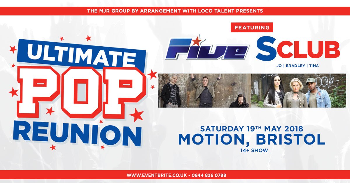 Ultimate Pop Reunion comes to Bristol!🎉 Icons of British pop, @Official5ive and S Club, will join force for the ‘Ultimate Pop Reunion’ on the 19th May! Pre-sale starts Thursday at 10am, general sale on Friday at 10am! bit.ly/UltimatePopReu…