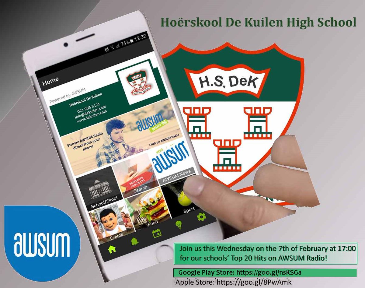 Wednesday 7/02/2018 @ 17:00 for DKHS Top 20 Hits!
AWSUM Radio can be streamed directly from mobile app or listen to 
<a href="/www/">WWW</a>.awsum.co.za

Laai die app af by die volgende skakels. 
Google Play Store: goo.gl/nsKSGa.
Apple Store: goo.gl/8PwAmk