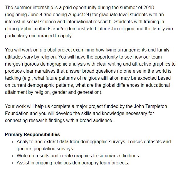 conradhackett's tweet photo. Please spread the word: Summer internships at @pewresearch!

We're looking for a smart social science grad student to join our religious demography team. 

And there are many other great opportunities for undergrad &amp; grad students at @pewresearch.

https://t.co/rDUPSL6rHc https://t.co/fONhCVR8If