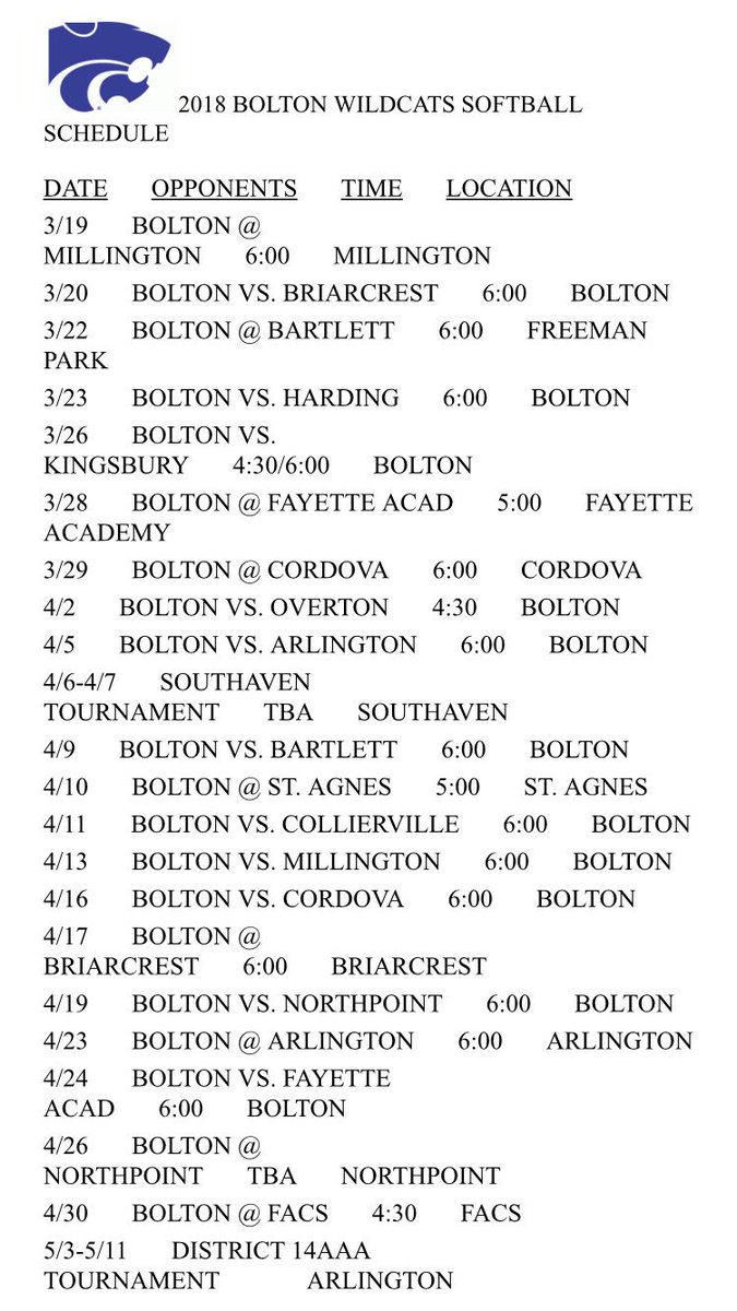 BoltonSoftball's tweet photo. 2018 schedule. Subject to change. #ladywildcats https://t.co/gfnjJuZsQ1