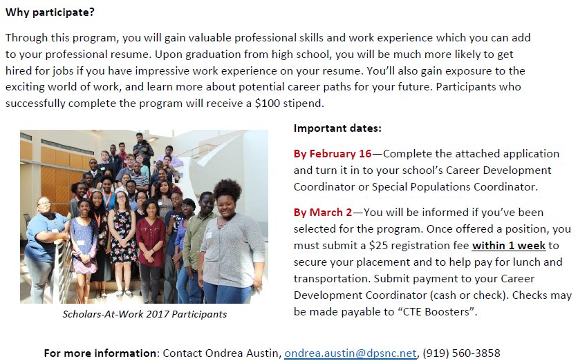 dant_harris's tweet photo. Participate in the #DurhamPublicSch Scholars-At-Work (SaW) Program! SaW is a 4 day workplace immersion experience in #TheRTP. See your Career Development Coordinator/School Counselor for more information. #HillsideHS #CTEMonth https://t.co/IP8JgZ7Gqy