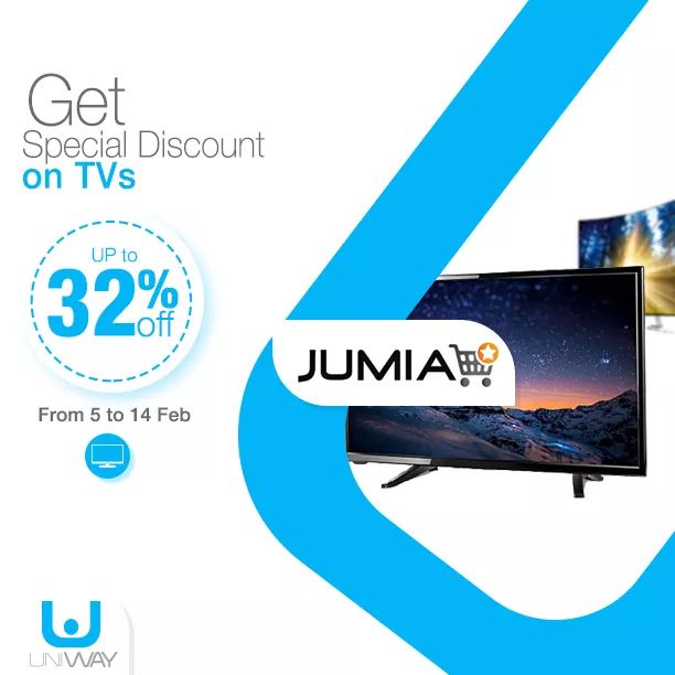 UniwayNetwork's tweet photo. Special Discounts on TVs 📺 With #Uniway !!
Get Unbelievably up to 32% off buying Televisions When shopping on JUMIA From your #Be_Gainer Account,
📢📢 Limited time Offer .. Catch yours 👍
for more information https://t.co/SprKf91yx5
#its_all_about_U https://t.co/gJlrg1VeeC