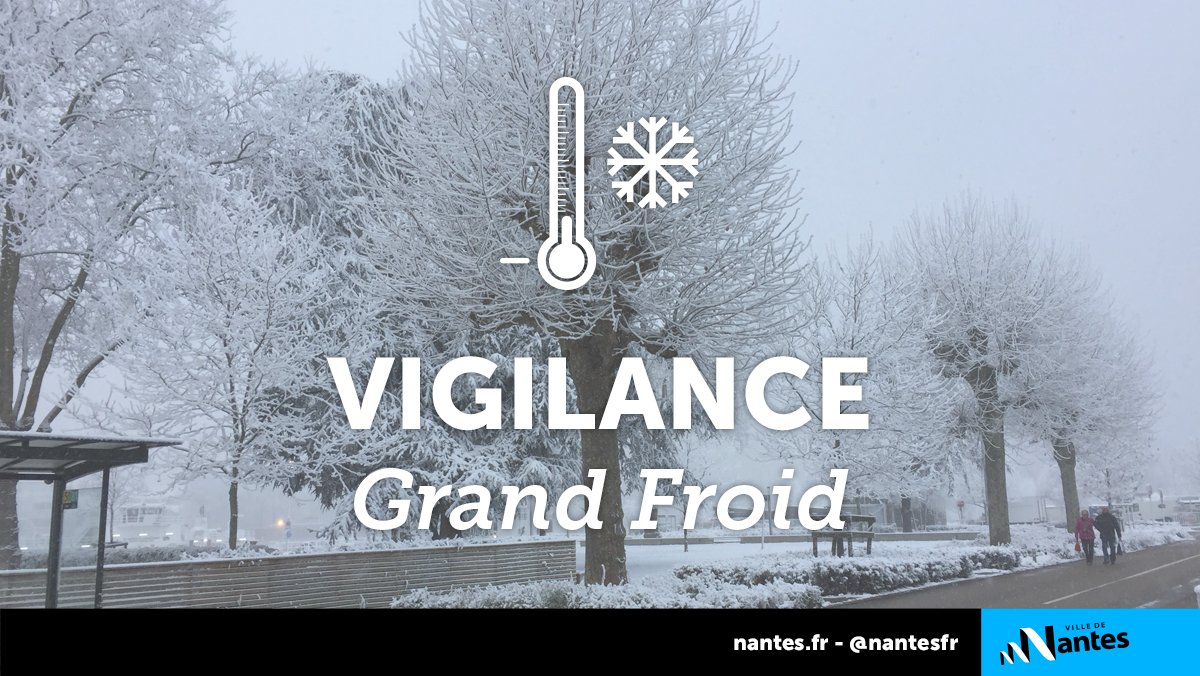 nantesfr's tweet image. ⚠️ ❄️ Face à la forte baisse des températures et la neige annoncée, la Préfecture de Loire-Atlantique a placé le département en vigilance neige-verglas.
👉 Composez le 115 pour signaler une situation d’urgence
👉 Limitez vos déplacements
bit.ly/GrandFroid-Nan…