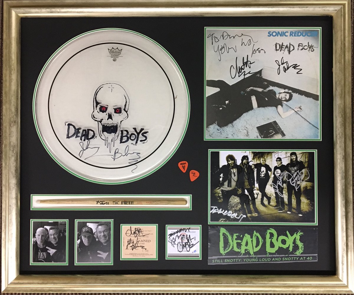 PicturePlace_NE's tweet photo. @DeadBoysUS just finished framing this beauty at work ready to hang on the wall tonight! Johnny Blitz’s drumskin n stick, Cheetah Chrome’s plecs, original Damned ticket (Dead Boys support 1977) and Sonic Reducer 12”...#deadboys #jimmyzero #punk #vinyl #memorabilia https://t.co/gDFKBjuQvw
