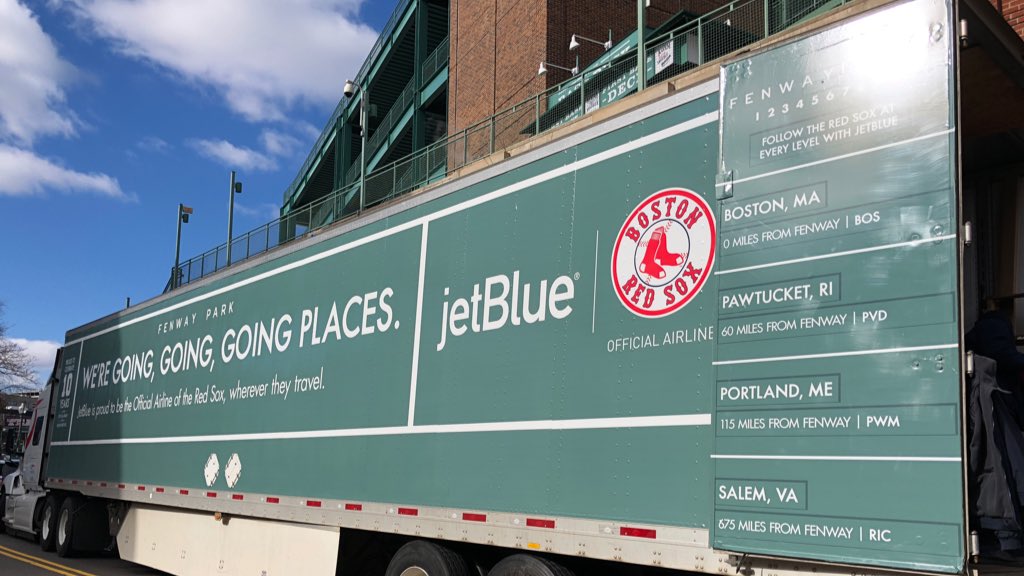 Just a few things in the Truck: 

20,400 baseballs
1,100 bats
200 batting gloves
200 batting helmets
320 Batting Practice tops
160 white game jerseys
300 pairs of pants
400 t-shirts
400 pairs of socks
20 cases of bubble gum
60 cases of sunflower seeds