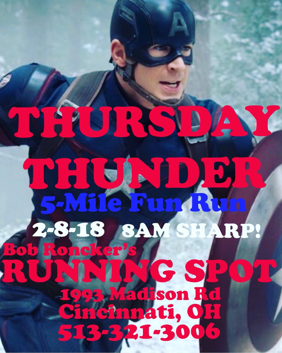 join us for a 5-mile jaunt at 8AM! Whether you’re a beginner or a certified running superhero, we want YOU! Dress for the weather-you never know what Cincy will throw at you! #thursdaythunder #runningspot #cincinnatirunning #queencity #runners #run #runnersofinstagram