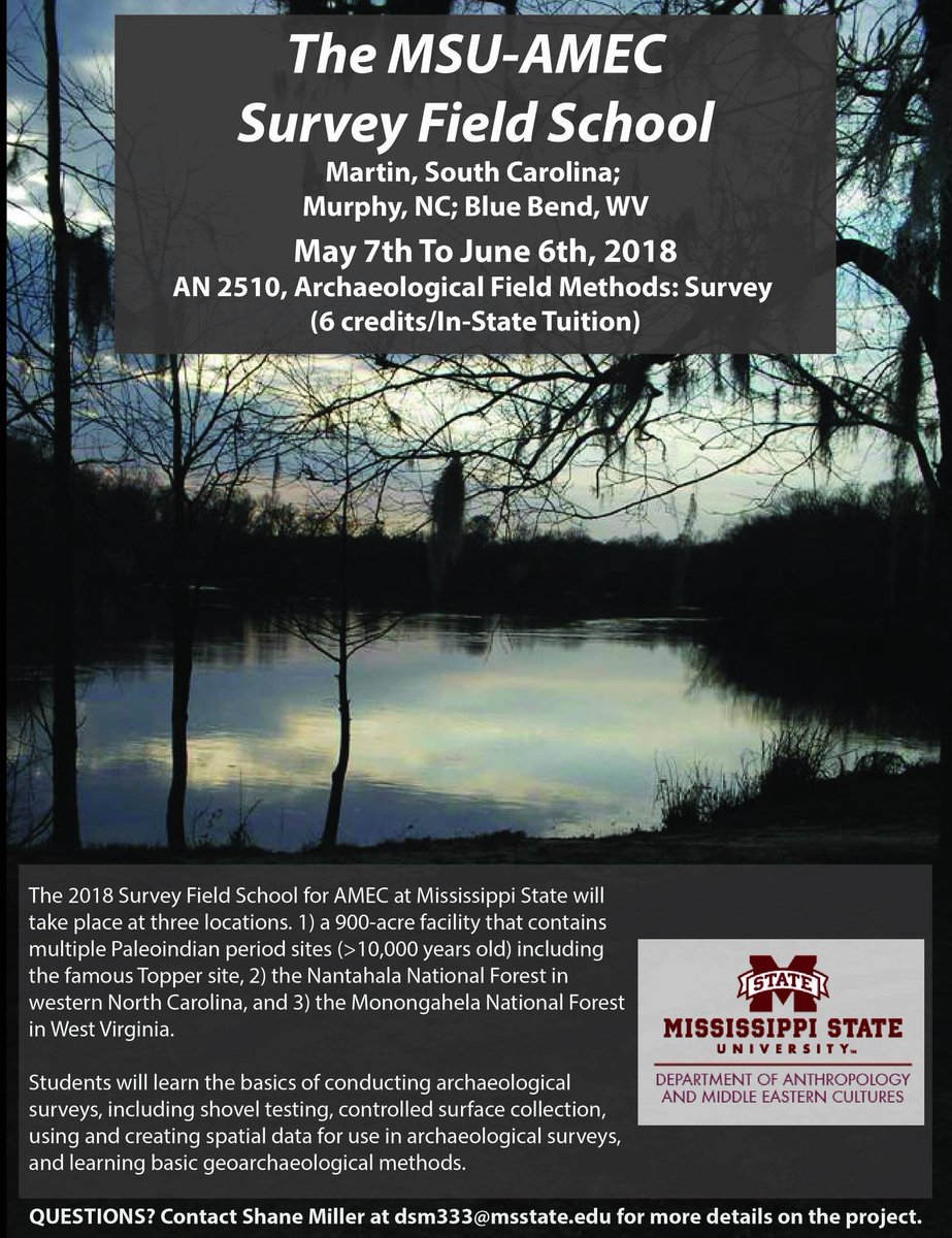 Cobb Institute (@cobb_institute) on Twitter photo 2018 AMEC #archaeology survey field school in SC, NC, and WV - contact Dr. Miller at dsm333@msstate.edu for information 2018 AMEC #archaeology survey field school in SC, NC, and WV - contact Dr. Miller at dsm333@msstate.edu for information