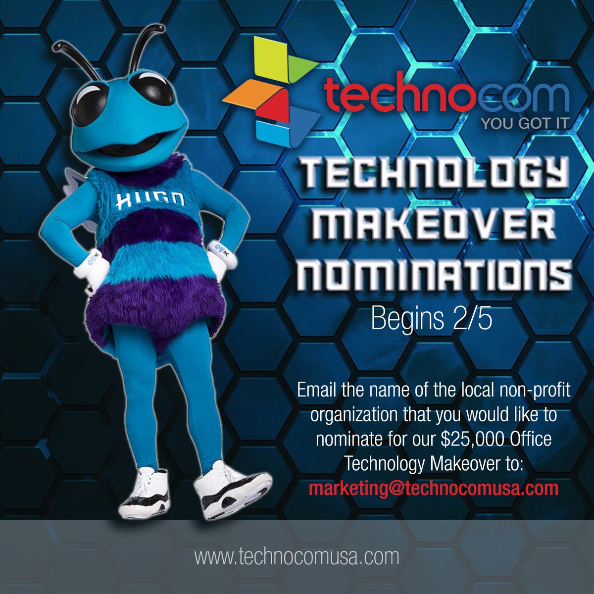 Nominations are open! Email the name of the local non-profit that you would like to nominate for this year’s $25,000 #TechnologyMakeover with the @hornets!
 
Nominations will be accepted from 2/5-2/28 The top 3 nominees will move on as finalists in March!

Good luck! #YouGotIt