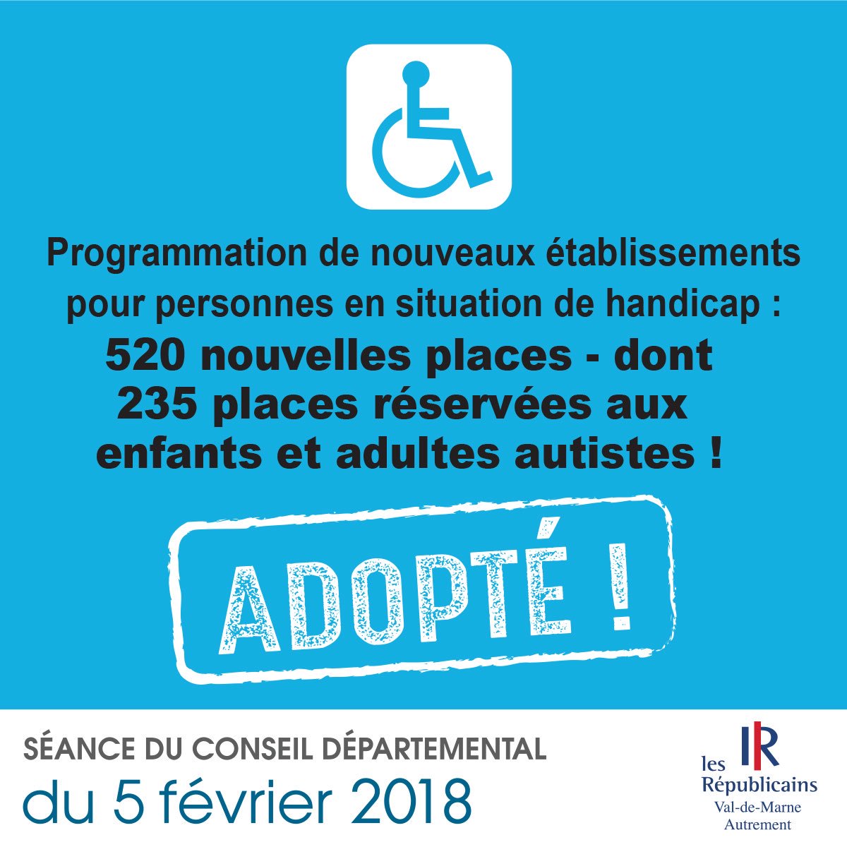 LRLI_94's tweet photo. L'assemblée départementale a aujourd'hui adopté la programmation de 520 nouvelles places pour personnes en situation de handicap #DirectCD94 https://t.co/DbuGCGMZmt