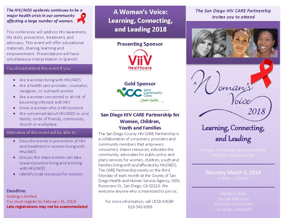 leadthewaySD's tweet photo. A Women's Voice 2018 conference is on 3/3/18 from 9:00am-2:00pm and will address #HIV awareness, life skills, prevention, treatment, and advocacy. Registration is required by February 16. For more info, call the UCSD MCAP at (619) 543-8089. https://t.co/ooUEuEau4Y