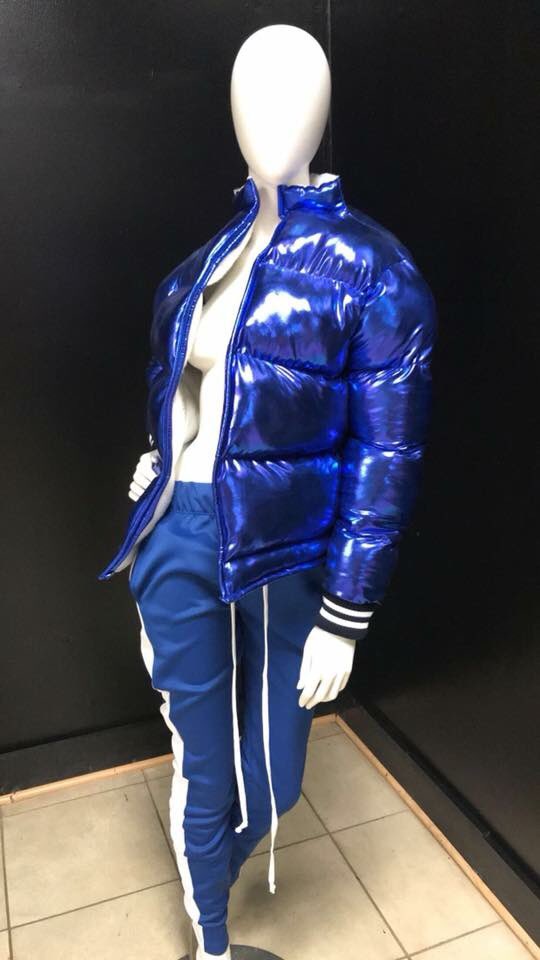Double007Ra's tweet photo. Blue metallic bubble jacket handmade from scratch 🔥 #Ramahs™️ https://t.co/GFaWJtjgSn