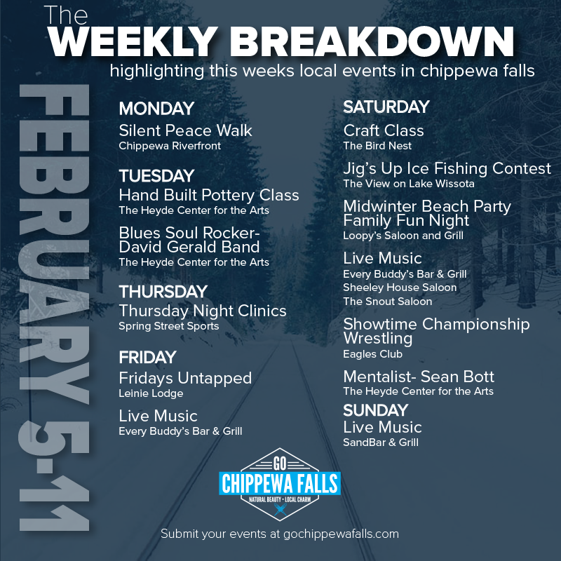 GoChippewaCty's tweet photo. #WeeklyBreakdown Check out some events going on in #ChippewaFalls this week. For more info/submit an event, visit https://t.co/OWjziaJ1uv! Things are changing at #GOChippewaFalls, stay tuned for our new and improved Weekly Breakdown-Coming Soon! https://t.co/X6IAAxSI2X